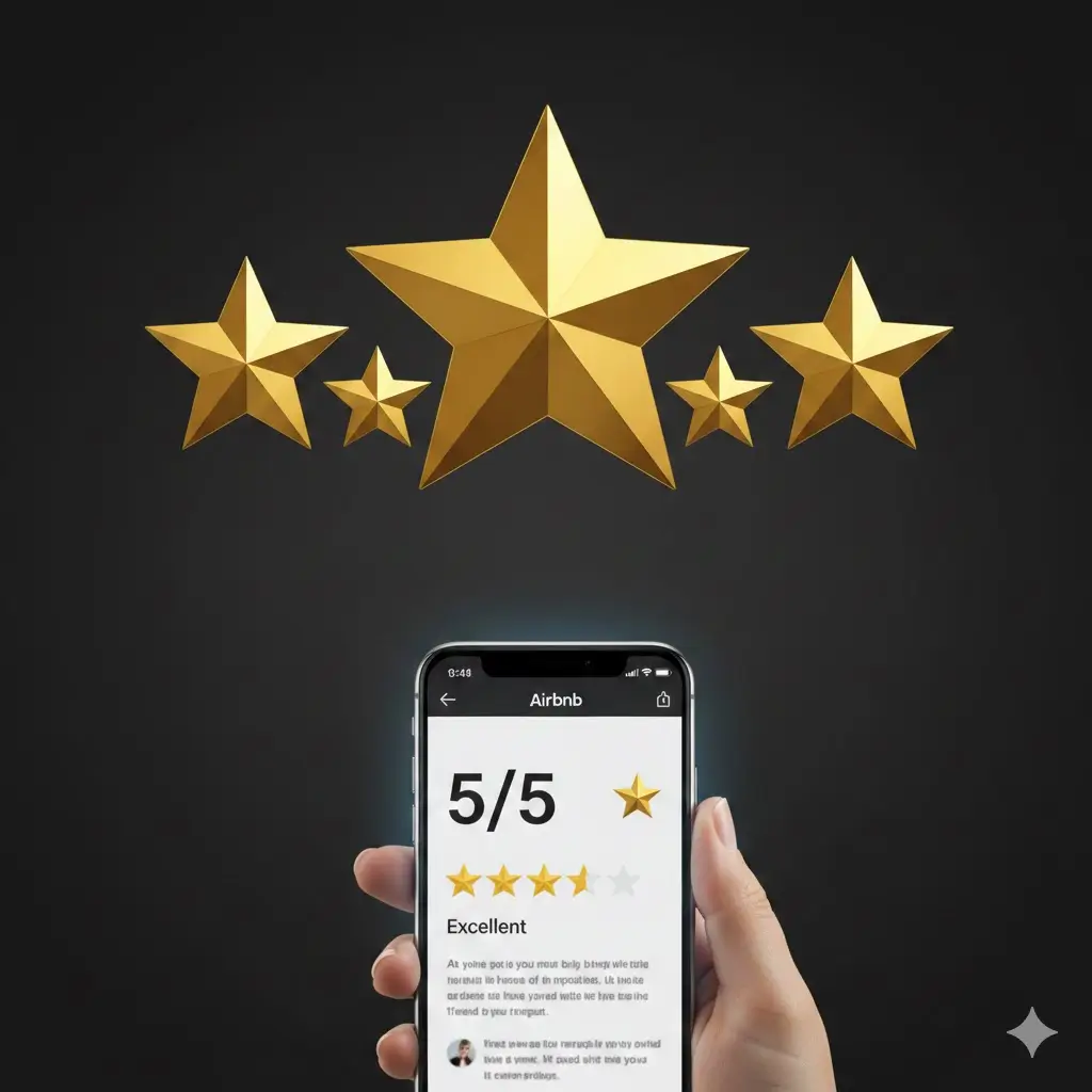 Cinq étoiles dorées symbolisant une note parfaite sur Airbnb pour un hôte bien noté